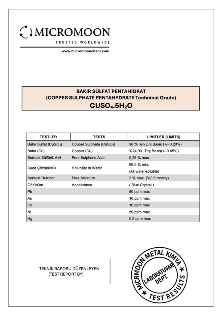 copper sulphate technical grade tds, bakır sülfat teknik kalite tds
