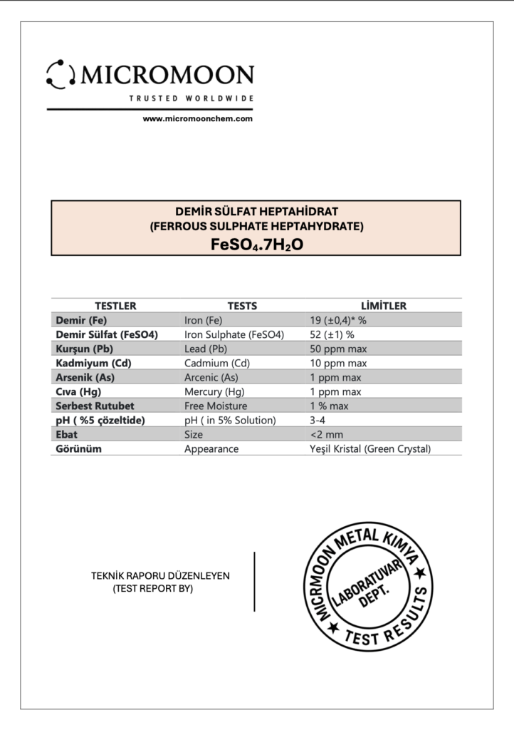 ferrous sulphate heptahydrate coa, demir süfat heptahidrat coa